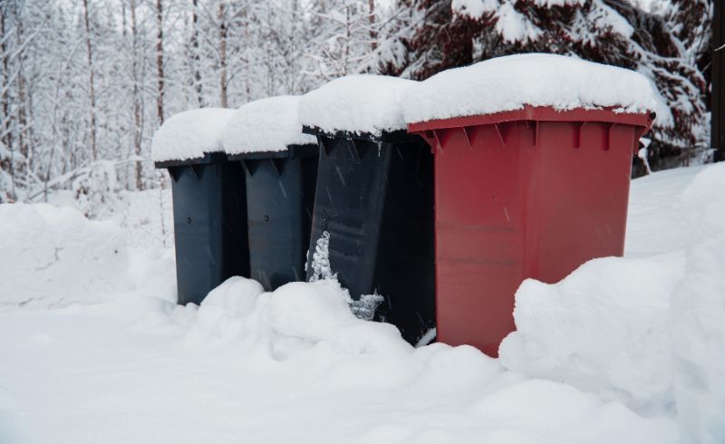 schwarze und braune Abfalltonnen im Schnee